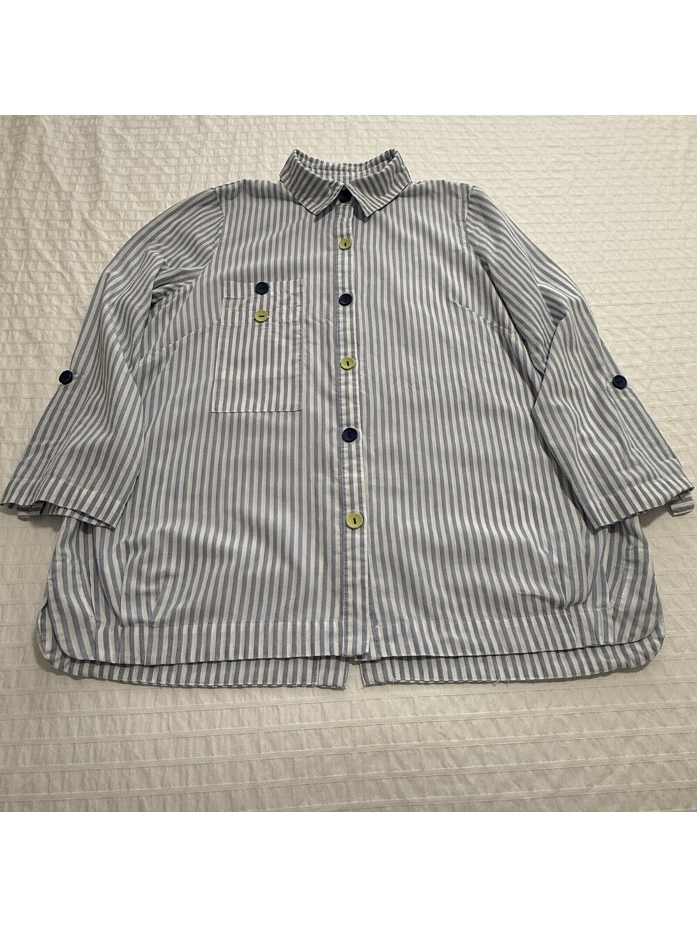 Ali Miles Artsy Blue White Striped Button Up Shirt Top Sz M Medium Collared